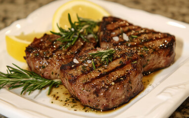 Grilled Filet Mignon Steaks with Rosemary and Lemon on a White Plate