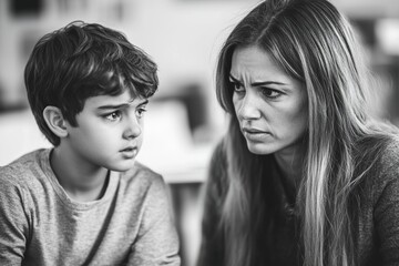 Teacher talking to young sad student