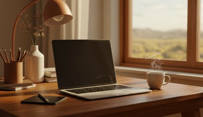 Modern workspace with laptop, coffee cup near window. Cozy atmosphere promotes productivity and relaxation.