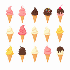 A delightful vector illustration set of various ice cream cones with toppings in a playful cartoon style.