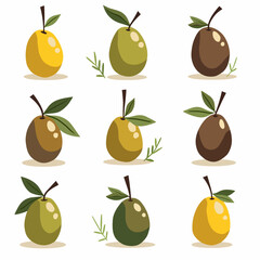 Vector illustration of olives on branch with leaves set, vector set olive branches with green and dark olives. For Mediterranean, botanical, and food themed designs