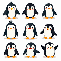 Cute penguins set. Adorable arctic antarctic birds in playful poses, waddling, walking, standing with wings. Polar animals, mammal characters, fauna from Antarctica. Isolated flat vector illustrations