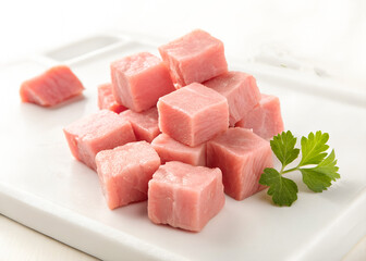 Freshly Cubed Raw Meat with Parsley
