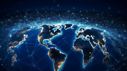Global interconnectedness: A luminous web of connections spanning continents, showcasing a vibrant, digitally connected world in deep blue hues.