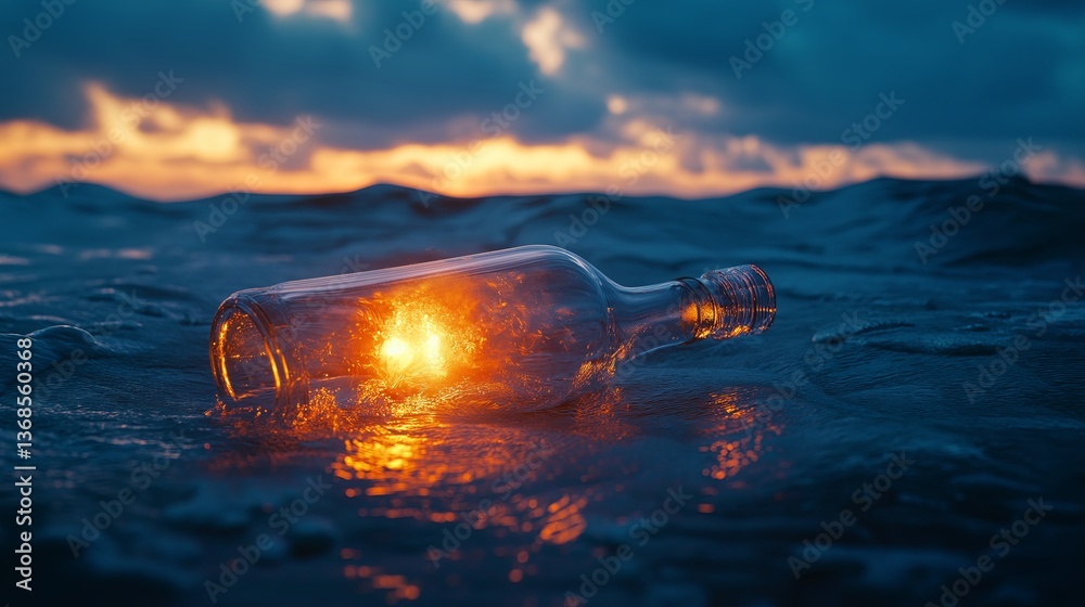 Poster A bottle floating in the ocean, glowing from within