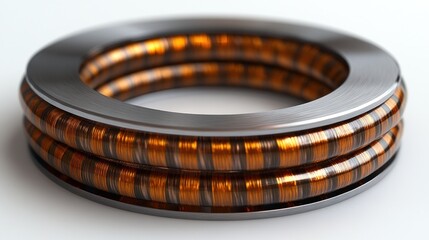 Close-up of a sophisticated double row precision bearing with copper-colored rings, showcasing intricate engineering and manufacturing