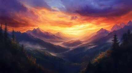 Obraz premium Picturesque Sunset in the Mountain Valley: Serene Landscape Photography