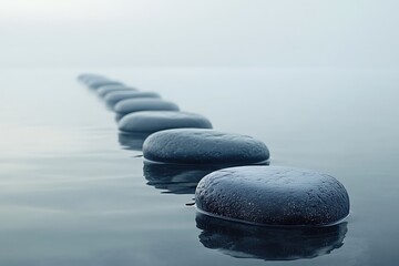 Floating stones hover above a calm sea, creating a surreal dance of balance and gravity in a misty landscape