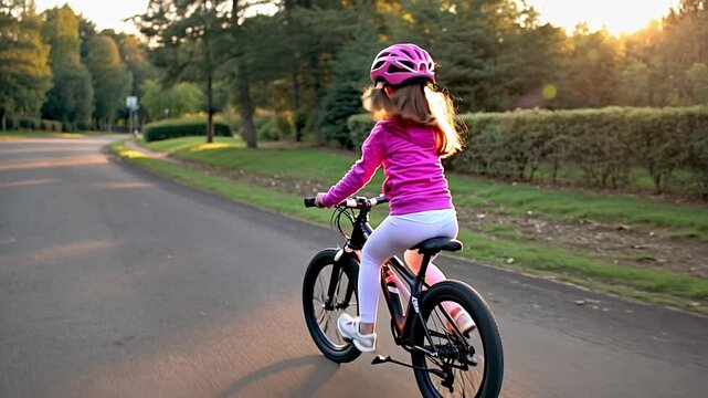 A girl in pink jacket is riding a bike summer time on a sunny day