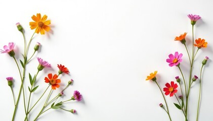 Delicate, scattered wildflowers on white background, vintage, illustration