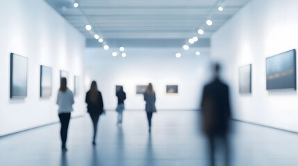 Blurred minimalist art gallery with visitors in the background