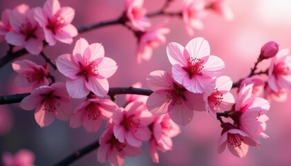 Naklejka premium Dense, overlapping sakura, vibrant pink hues, full bloom, vibrant, cherry
