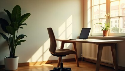 Fototapeta premium Empty chair at desk, laptop open, sunlit room, clean, interior