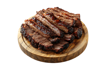 Sliced smoked brisket on a wooden platter isolated on white or transparent background.