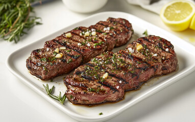Grilled Beef Steaks with Garlic, Rosemary, and Sea Salt on White Plate