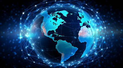 Fototapeta premium Our interconnected world: A vibrant digital globe pulsating with global connections, showcasing a radiant blue and dark aesthetic.