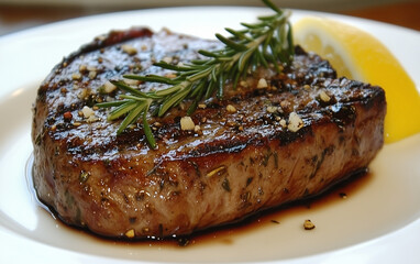 Grilled Steak with Rosemary and Lemon on White Plate, Close-up Gourmet Food