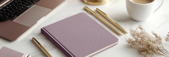 Morning workspace with laptop, notebook, golden pens, and coffee mug on a white desk