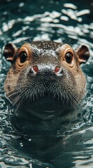 Fototapeta premium Hippo emerges from the water, showcasing unique features and whiskers in a serene aquatic environment
