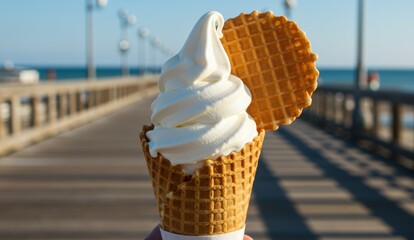 Ice cream cone held by a person at a beach pier on a sunny day. Summer enjoyment, refreshment, and leisure.