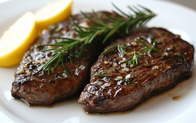 Grilled Steak with Rosemary and Lemon Wedges on White Plate, Close-up