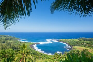 Fototapeta premium Serene Tropical Coastline with Lush Greenery and Blue Ocean View