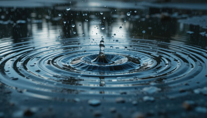 Water Drop Impact, Circular Ripples on Calm Surface, Nature Detail