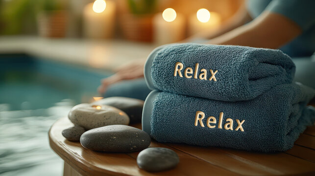 Soft blue towels with Relax text are stacked on wooden table beside smooth stones, creating serene near pool with candles in background