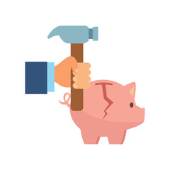 Vector illustration of a hand with a blue suit sleeve holding a hammer about to break a pink piggy bank, symbolizing breaking into savings