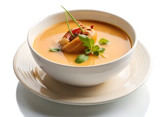 A Gourmet Culinary Delight: A visually appealing bowl of warm, creamy soup is artfully presented, garnished with fresh herbs and a beautifully arranged prawn. The presentation on a sleek plate. 