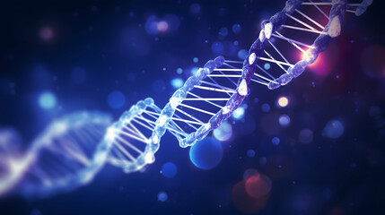 The secrets of life unveiled, a luminous DNA double helix glowing in a deep blue cosmic backdrop.
