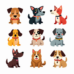 Cute dogs doodle vector set. Cartoon dog or puppy characters design collection with flat color in different poses. Set of funny pet animals isolated on white background.	