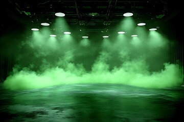 Green smoky stage with spotlights.