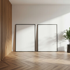 Minimalist interior mockup with blank frame. Empty frame wall poster mockup. Interior mockup with modern design. Contemporary interior scene