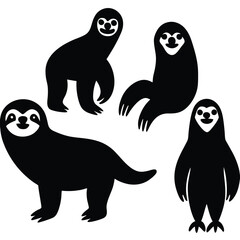 Cute Minimalist Sloth Silhouette Black Vector Collection Set