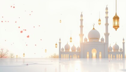 Obraz premium Mosque Silhouette with Lanterns and Floral Motif
