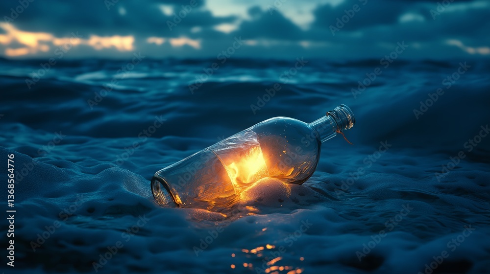 Poster A bottle floating in the ocean, glowing from within