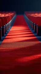Elegant red carpet leading to empty rows of red chairs in a dimly lit hall before an event