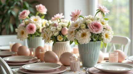 A pastel dream of Easter elegance with floral bouquets and carefully arranged tableware. Every detail whispers of spring renewal and family unity. A scene of warmth, joy, and cherished traditions.