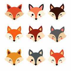 Set of cartoon animals fox face, cute fox emoji sticker set
