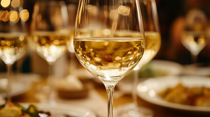 Close up of several wine glasses filled with white wine on a table at a fancy restaurant