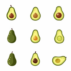 Set avocado vector, Set of fresh whole and half avocado isolated on white background. Organic food. Cartoon style. Vector illustration for design.
