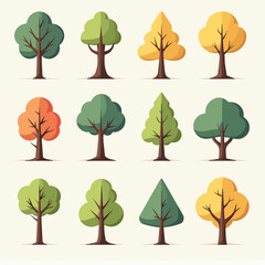 Colorful deciduous and coniferous trees set isolated on a white background. Design concept for a textbook, poster, banner. Simple flat style elements. Vector illustration. Biology theme stickers © Nellys