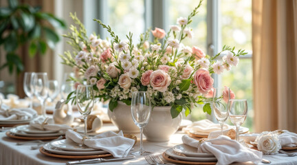 A beautifully decorated Easter table filled with floral arrangements and pastel tones. A warm and inviting setting for family gatherings and celebrations. 
