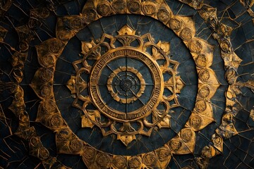 A circular decorative design featuring intricate patterns and golden accents on a dark background. Concept Circular Decorative Design, Intricate Patterns, Golden Accents, Dark Background