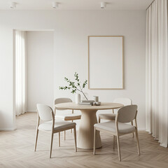 Minimalist interior mockup with blank frame. Empty frame wall poster mockup. Interior mockup with modern design. Contemporary interior scene