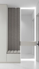 This modern hallway features an upholstered bench with vertical padded panels, LED lighting, and a floating drawer. The sleek, minimalist design emphasizes functionality and style