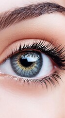 Obraz premium Closeup eye with blue iris, and lashes.