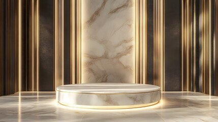 A refined podium with a marble surface and gold accents, illuminated by soft light in a luxurious, contemporary exhibition hall.