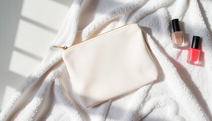 Elegant minimalist makeup bag on fluffy towel with nail polish, simplicity